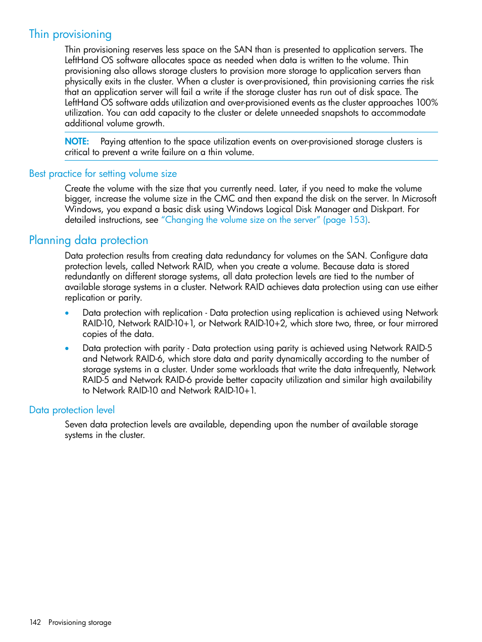 Thin provisioning, Best practice for setting volume size, Planning data protection | Data protection level | HP LeftHand P4000 SAN Solutions User Manual | Page 142 / 290