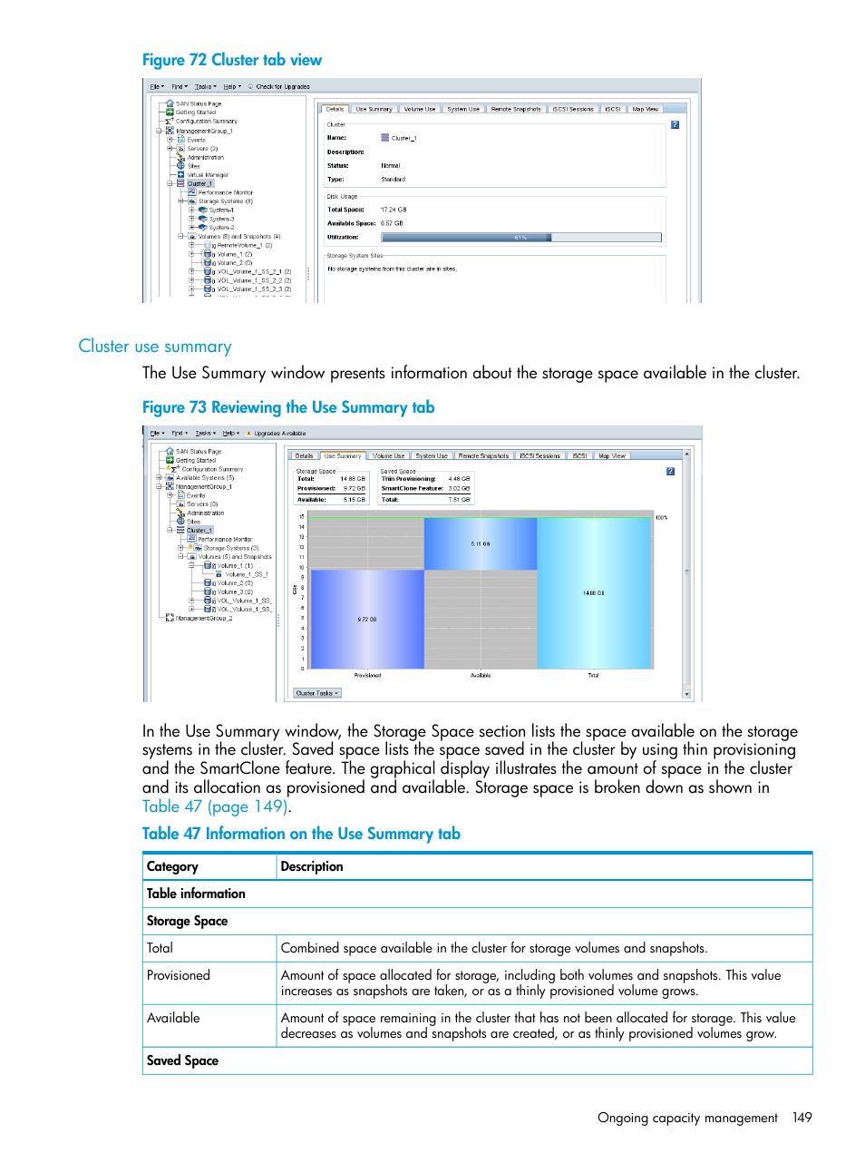 Cluster use summary | HP LeftHand P4000 SAN Solutions User Manual | Page 149 / 290