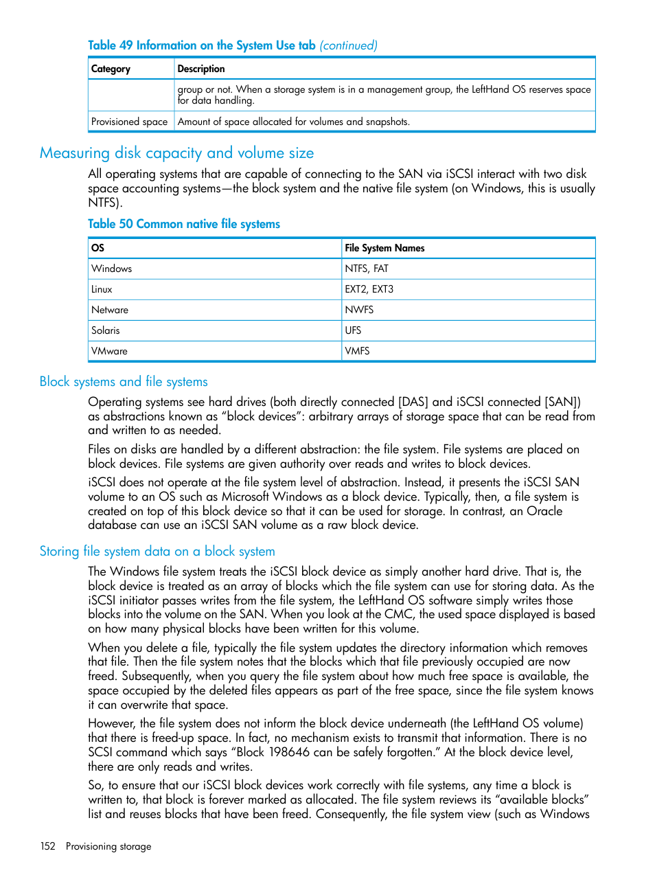 Measuring disk capacity and volume size, Block systems and file systems, Storing file system data on a block system | HP LeftHand P4000 SAN Solutions User Manual | Page 152 / 290