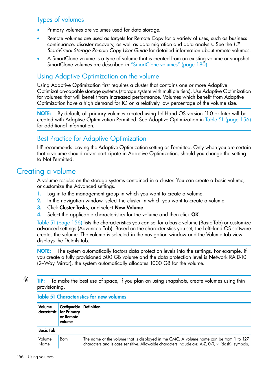 Creating a volume, Using adaptive optimization, Types of volumes | Using adaptive optimization on the volume, Best practice for adaptive optimization | HP LeftHand P4000 SAN Solutions User Manual | Page 156 / 290
