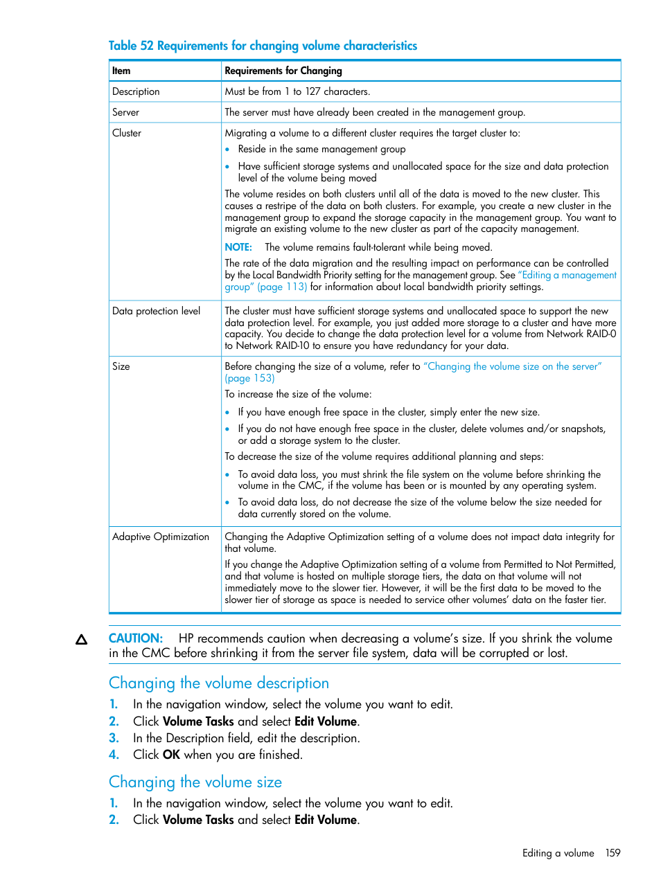 Changing the volume description, Changing the volume size | HP LeftHand P4000 SAN Solutions User Manual | Page 159 / 290