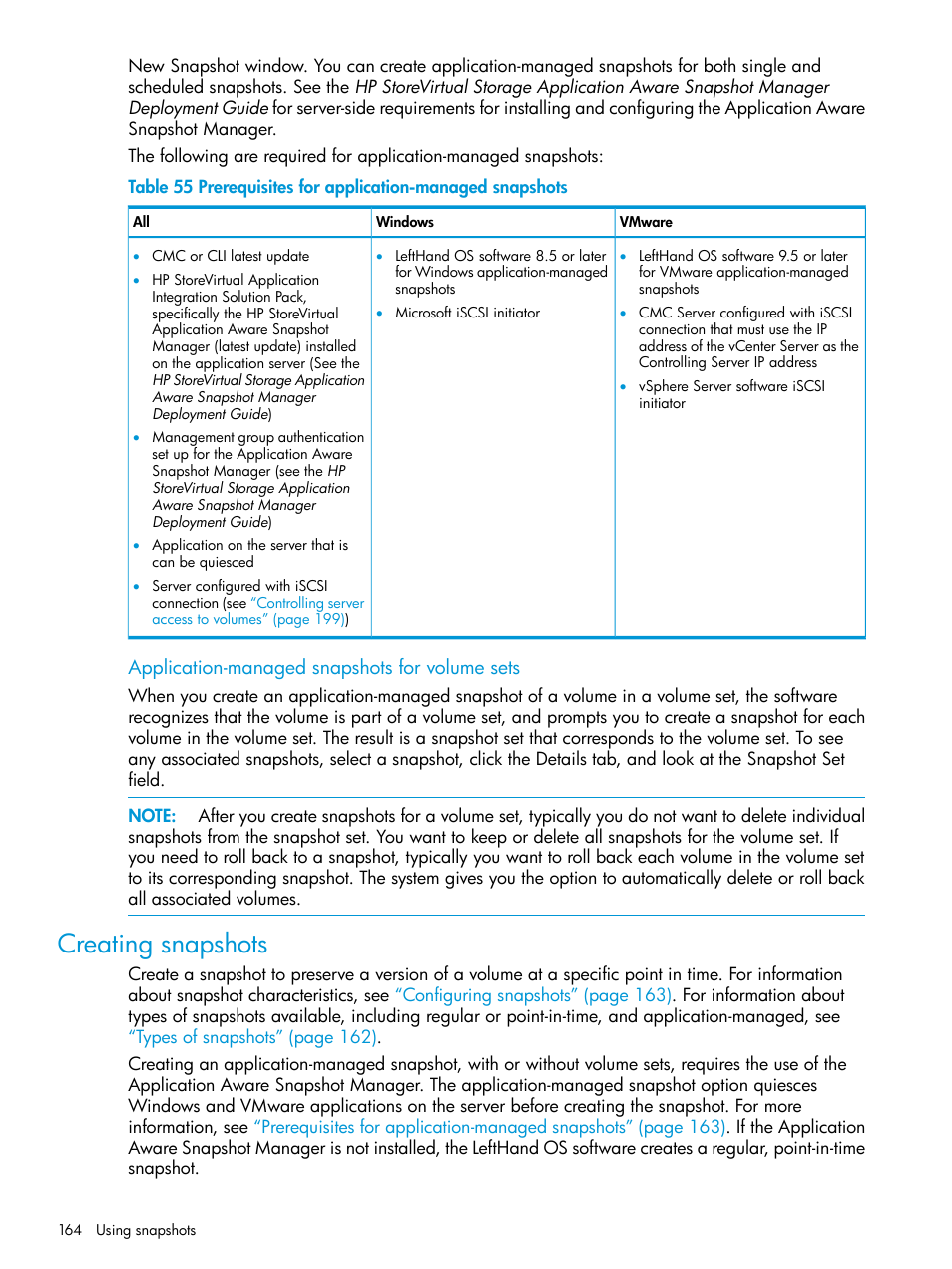 Creating snapshots, Application-managed snapshots for volume sets | HP LeftHand P4000 SAN Solutions User Manual | Page 164 / 290