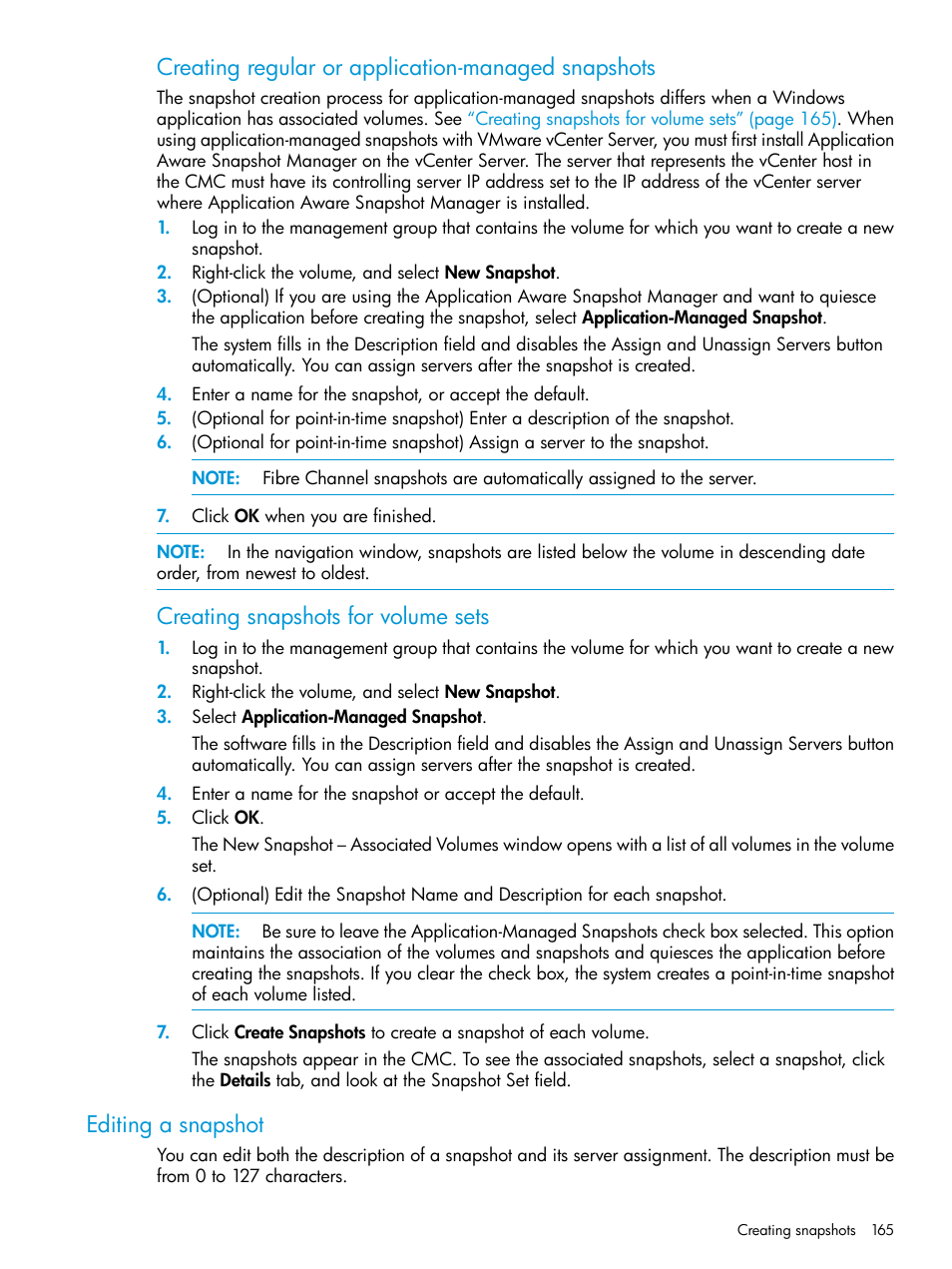 Editing a snapshot, Creating regular or application-managed snapshots, Creating snapshots for volume sets | HP LeftHand P4000 SAN Solutions User Manual | Page 165 / 290