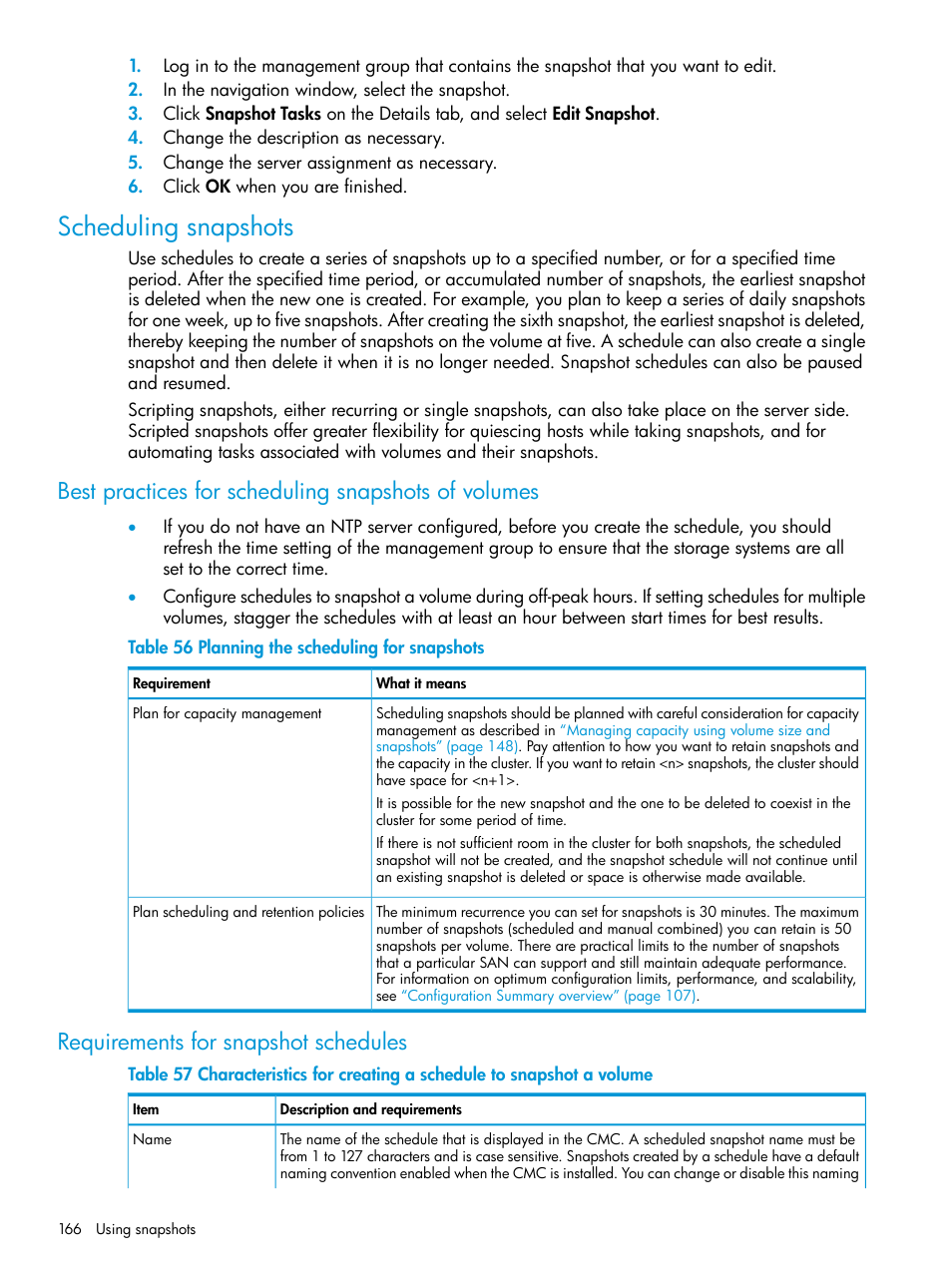 Scheduling snapshots, Best practices for scheduling snapshots of volumes, Requirements for snapshot schedules | HP LeftHand P4000 SAN Solutions User Manual | Page 166 / 290