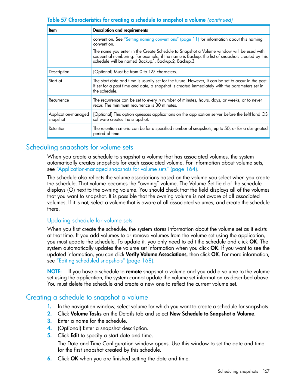 Scheduling snapshots for volume sets, Creating a schedule to snapshot a volume | HP LeftHand P4000 SAN Solutions User Manual | Page 167 / 290