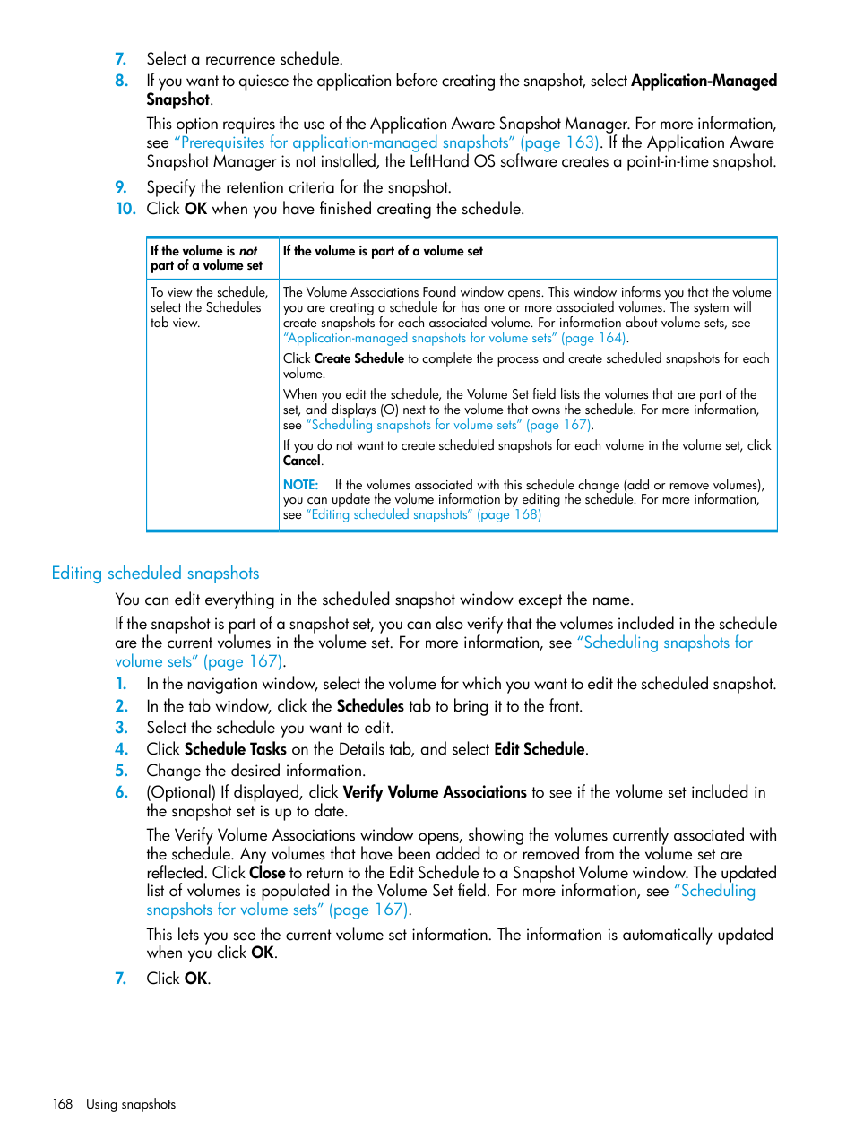 Editing scheduled snapshots | HP LeftHand P4000 SAN Solutions User Manual | Page 168 / 290