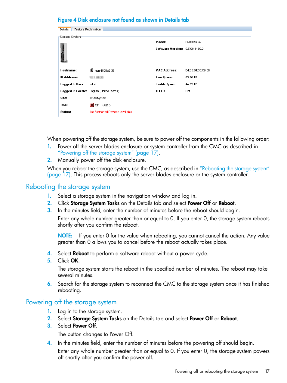 Rebooting the storage system, Powering off the storage system | HP LeftHand P4000 SAN Solutions User Manual | Page 17 / 290