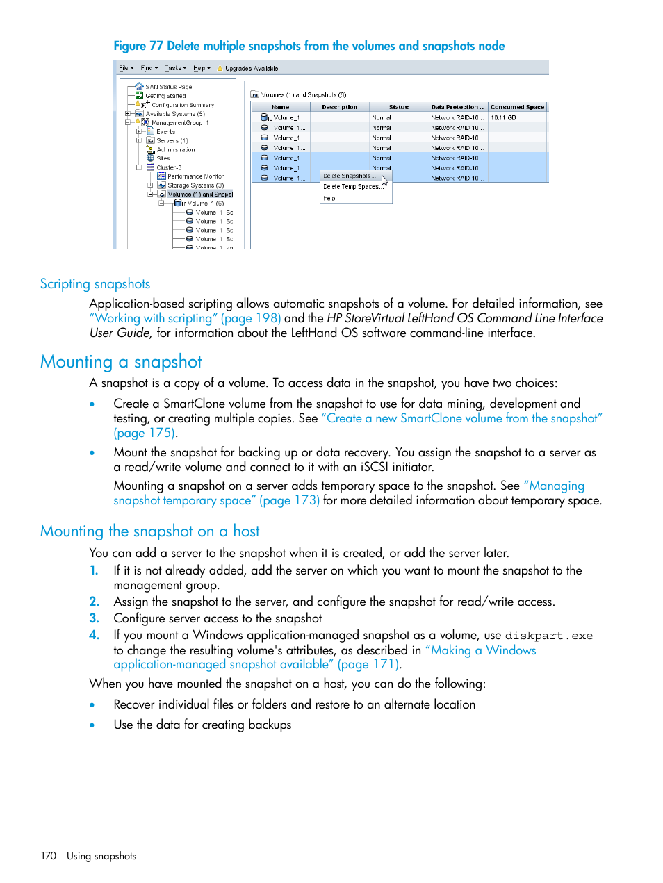 Scripting snapshots, Mounting a snapshot, Mounting the snapshot on a host | HP LeftHand P4000 SAN Solutions User Manual | Page 170 / 290