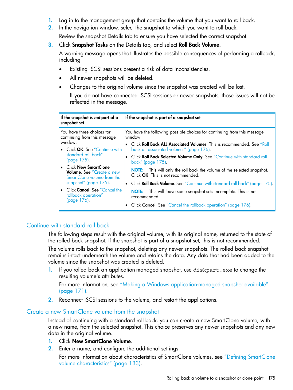Continue with standard roll back, Create a new smartclone volume from the snapshot | HP LeftHand P4000 SAN Solutions User Manual | Page 175 / 290