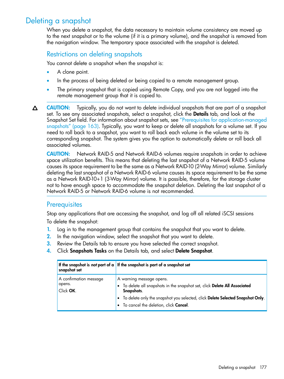 Deleting a snapshot, Deleting a, Restrictions on deleting snapshots | Prerequisites | HP LeftHand P4000 SAN Solutions User Manual | Page 177 / 290