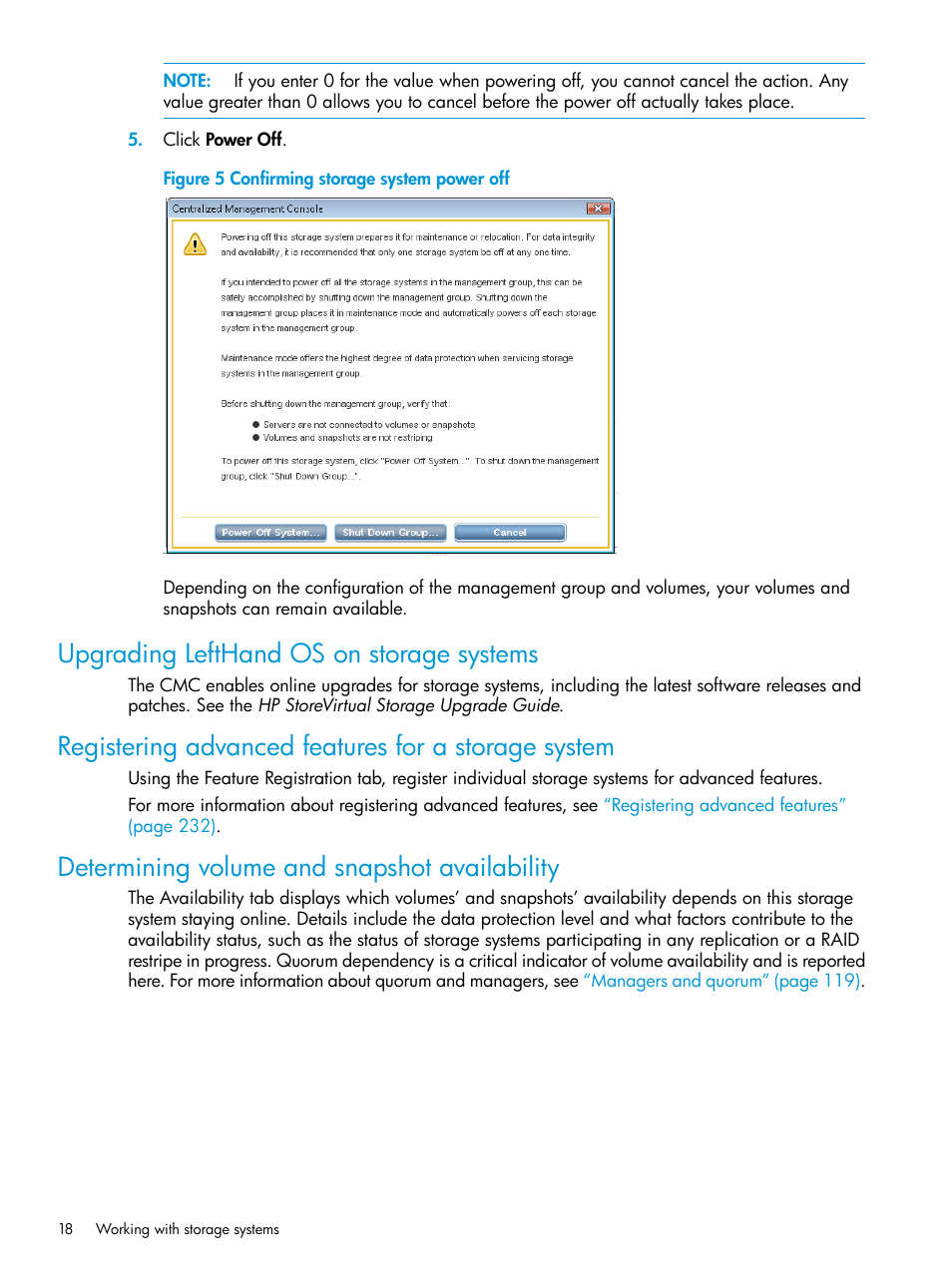 Upgrading lefthand os on storage systems, Registering advanced features for a storage system, Determining volume and snapshot availability | Determining volume and snapshot | HP LeftHand P4000 SAN Solutions User Manual | Page 18 / 290