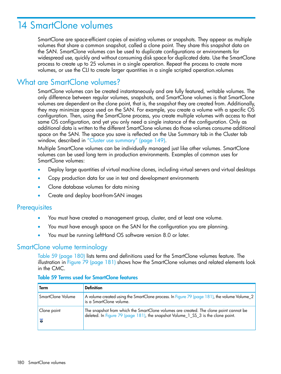 14 smartclone volumes, What are smartclone volumes, Prerequisites | Smartclone volume terminology | HP LeftHand P4000 SAN Solutions User Manual | Page 180 / 290