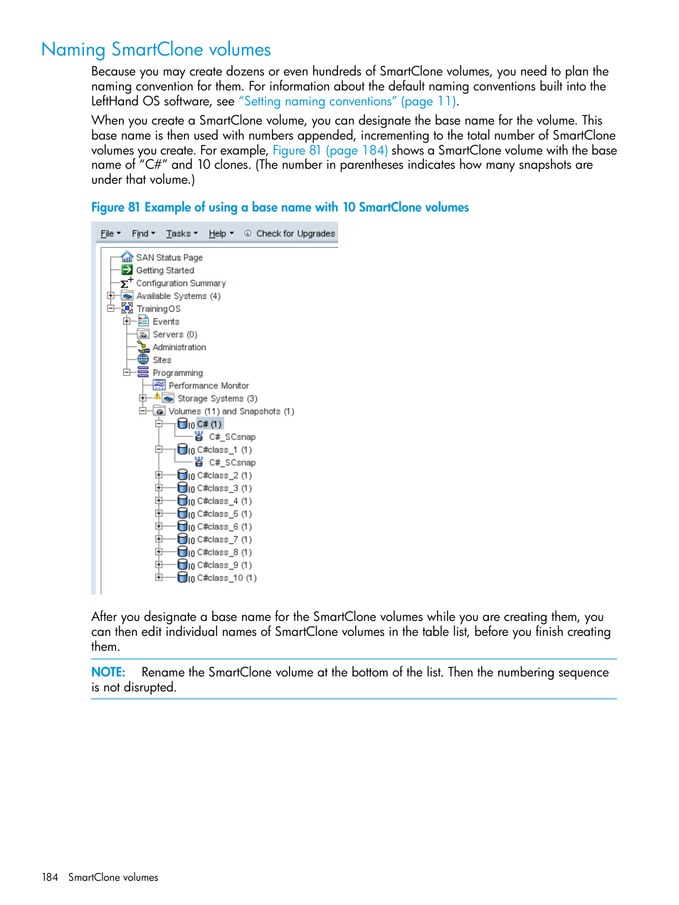 Naming smartclone volumes | HP LeftHand P4000 SAN Solutions User Manual | Page 184 / 290