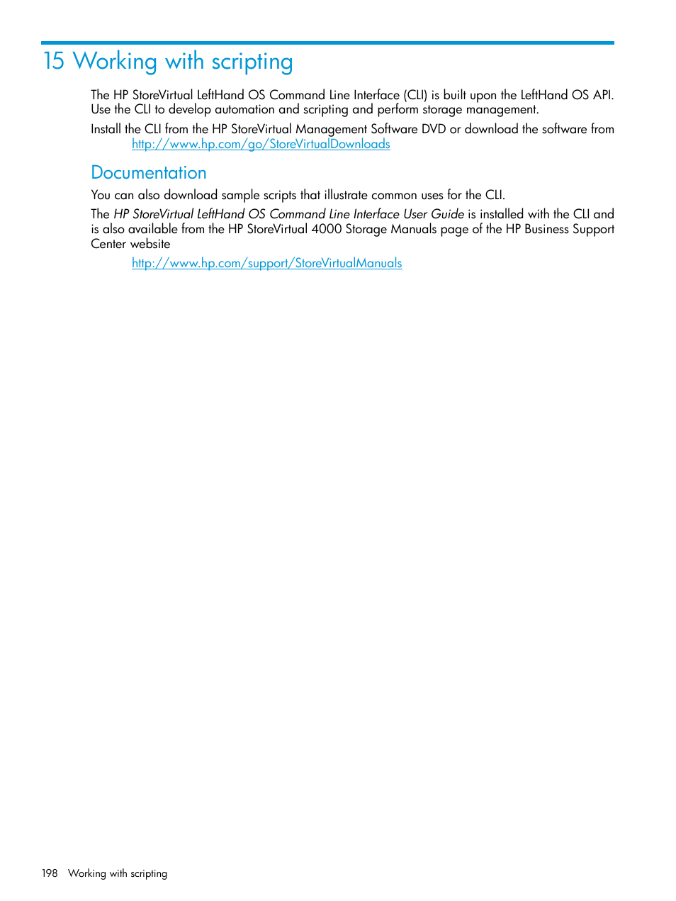 15 working with scripting, Documentation | HP LeftHand P4000 SAN Solutions User Manual | Page 198 / 290