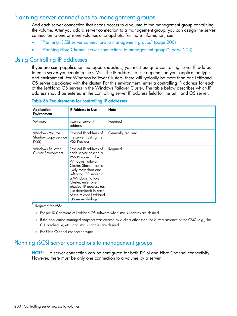 Planning server connections to management groups, Using controlling ip addresses, Planning iscsi server connections to management | HP LeftHand P4000 SAN Solutions User Manual | Page 200 / 290