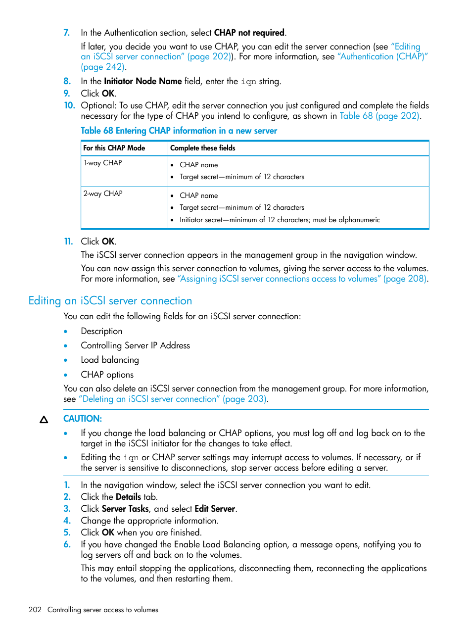 Editing an iscsi server connection | HP LeftHand P4000 SAN Solutions User Manual | Page 202 / 290