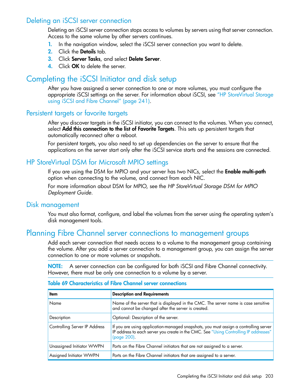 Deleting an iscsi server connection, Completing the iscsi initiator and disk setup, Persistent targets or favorite targets | Hp storevirtual dsm for microsoft mpio settings, Disk management, Planning fibre channel server connections, Planning fibre channel server | HP LeftHand P4000 SAN Solutions User Manual | Page 203 / 290