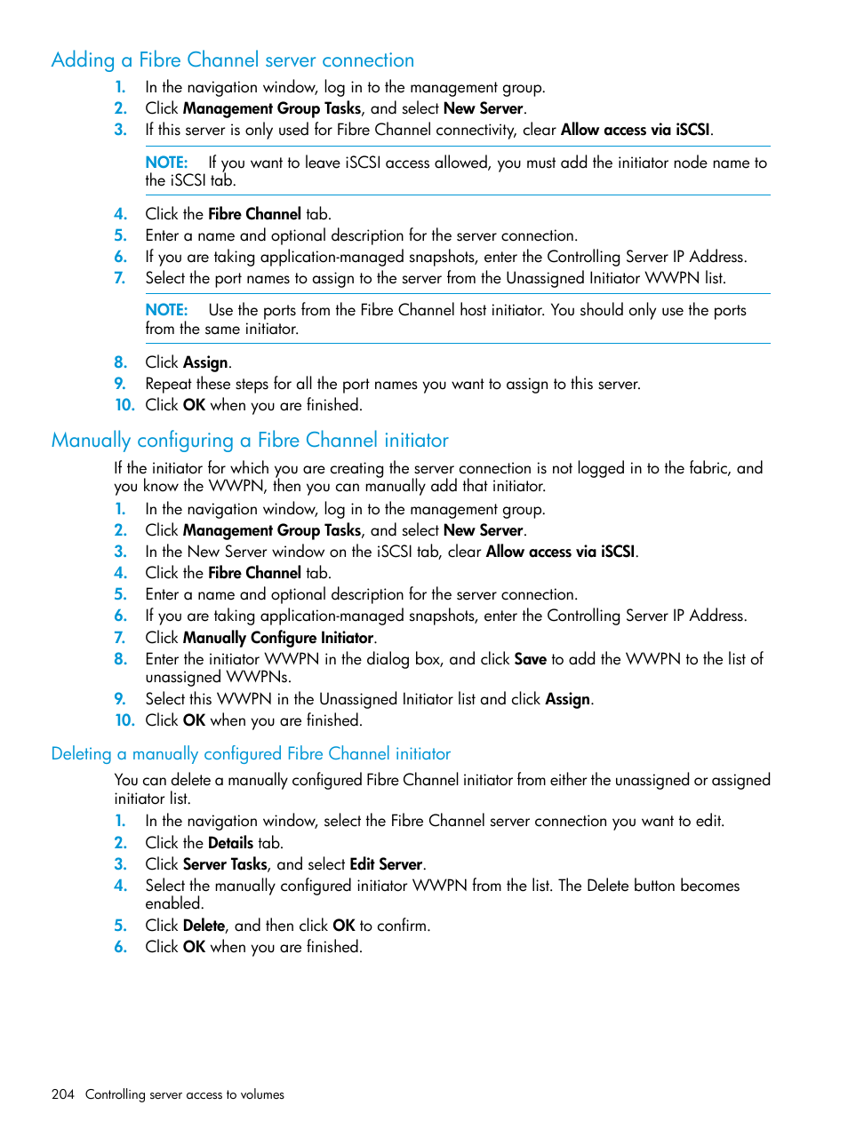Adding a fibre channel server connection, Manually configuring a fibre channel initiator | HP LeftHand P4000 SAN Solutions User Manual | Page 204 / 290