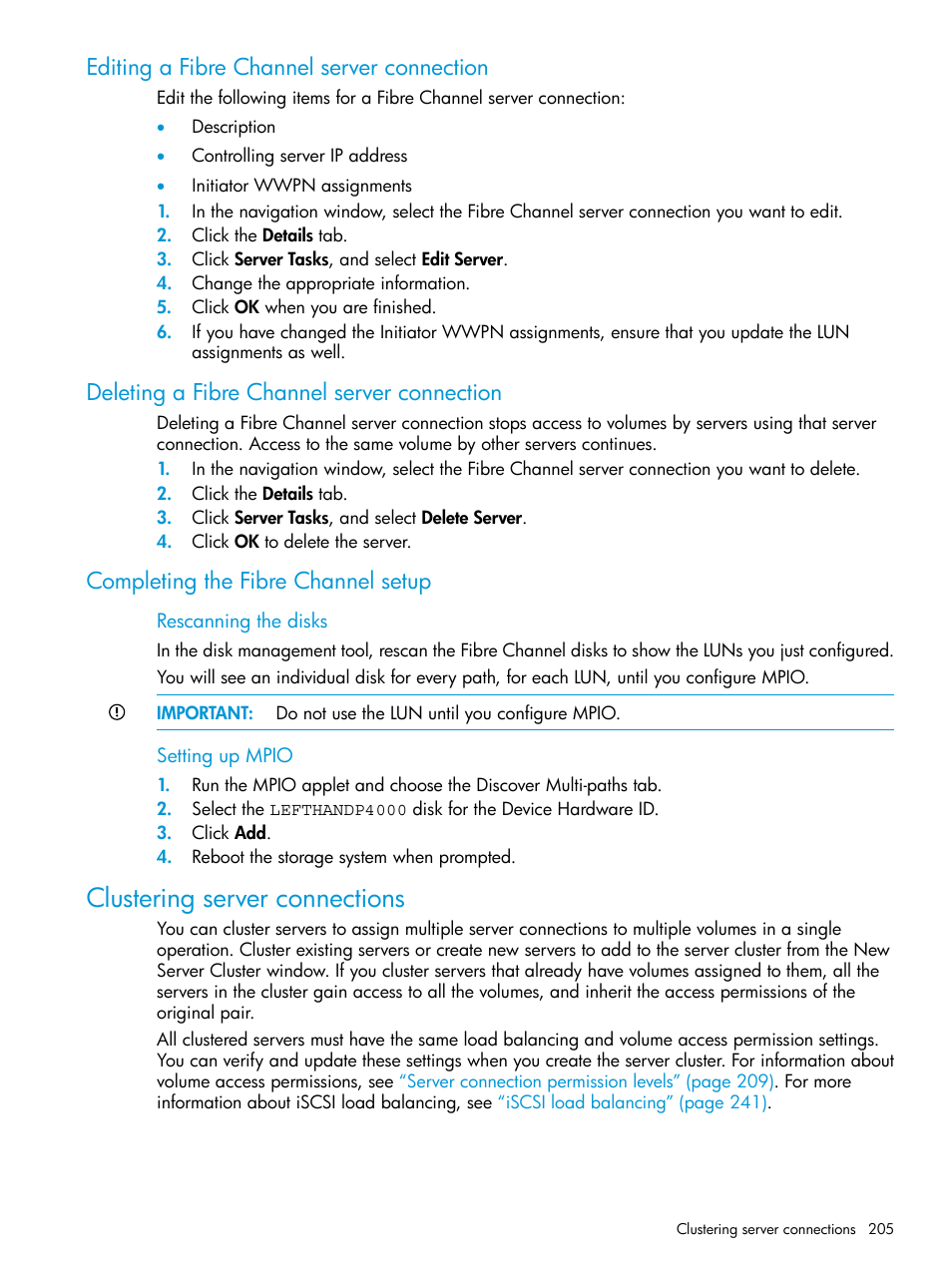 Editing a fibre channel server connection, Deleting a fibre channel server connection, Completing the fibre channel setup | Clustering server connections | HP LeftHand P4000 SAN Solutions User Manual | Page 205 / 290