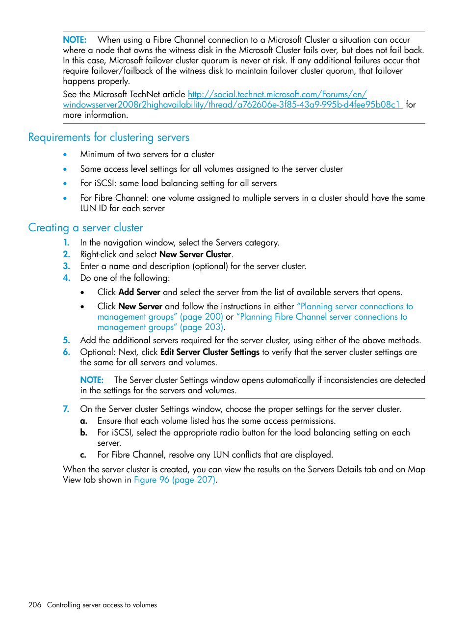 Requirements for clustering servers, Creating a server cluster | HP LeftHand P4000 SAN Solutions User Manual | Page 206 / 290