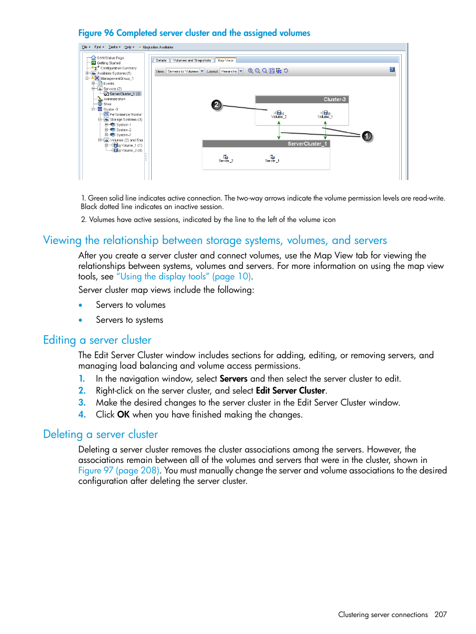 Editing a server cluster, Deleting a server cluster, Viewing the relationship between storage systems | HP LeftHand P4000 SAN Solutions User Manual | Page 207 / 290