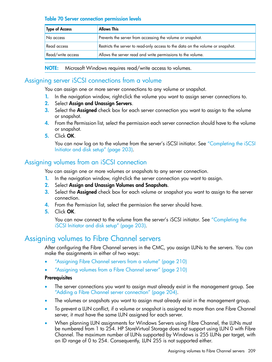 Assigning server iscsi connections from a volume, Assigning volumes from an iscsi connection, Assigning volumes to fibre channel servers | HP LeftHand P4000 SAN Solutions User Manual | Page 209 / 290