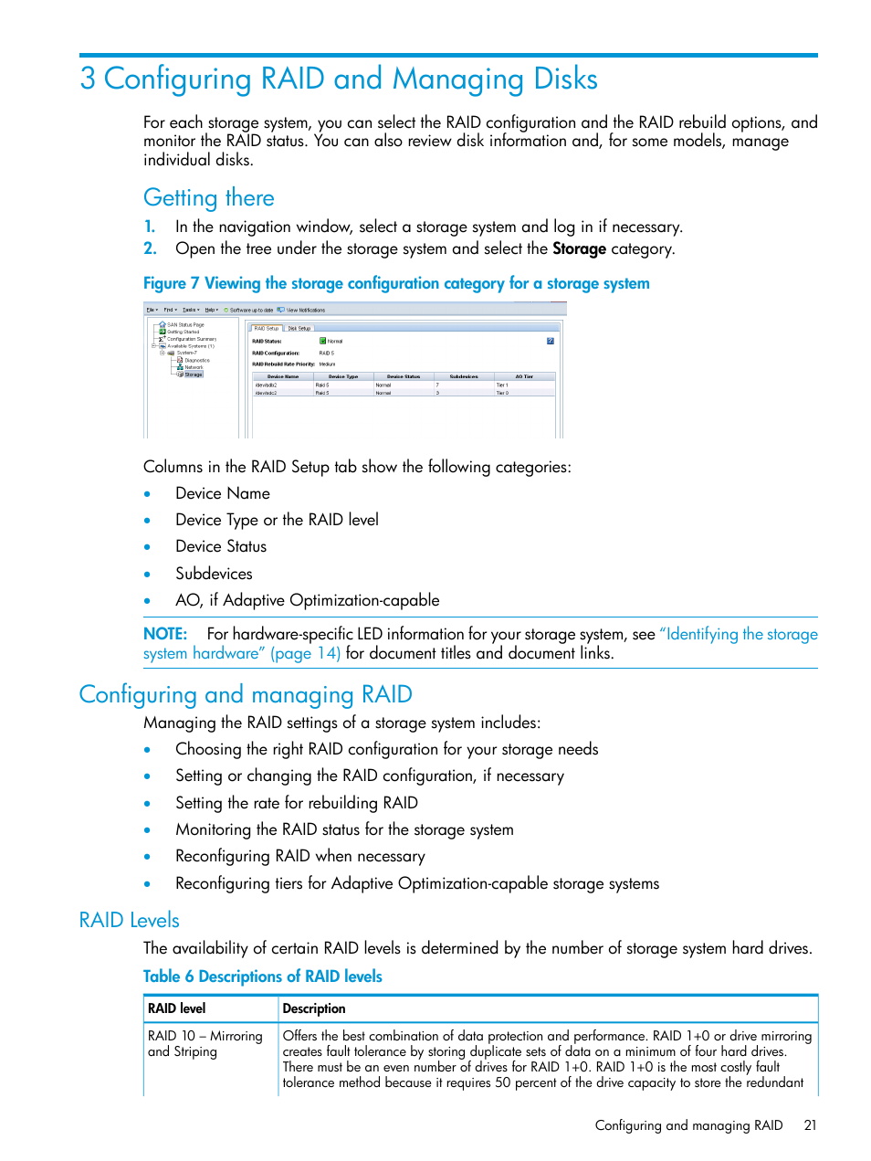 3 configuring raid and managing disks, Configuring and managing raid, Raid levels | Getting there | HP LeftHand P4000 SAN Solutions User Manual | Page 21 / 290