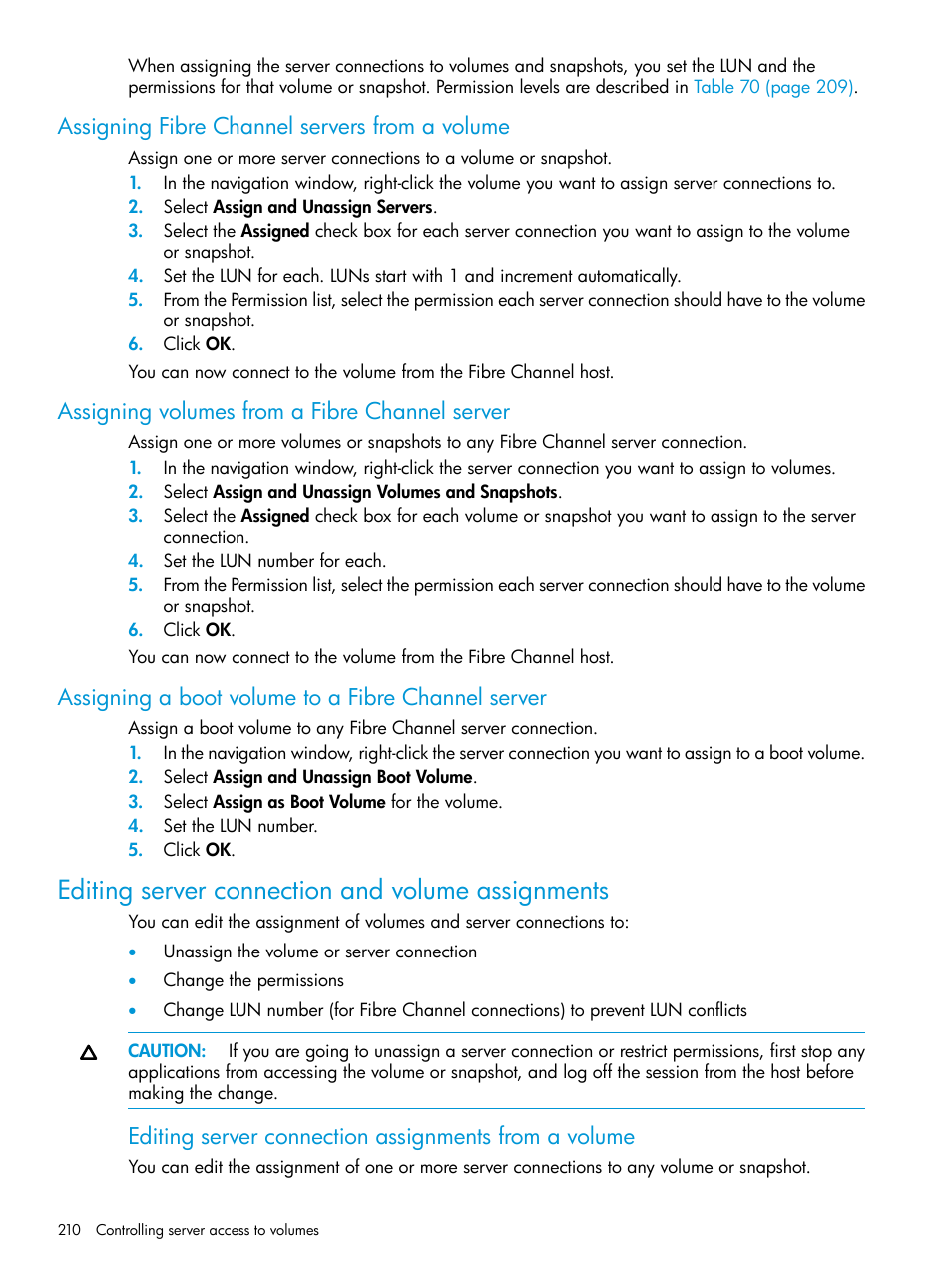 Assigning fibre channel servers from a volume, Assigning volumes from a fibre channel server, Assigning a boot volume to a fibre channel server | Editing server connection and volume assignments | HP LeftHand P4000 SAN Solutions User Manual | Page 210 / 290
