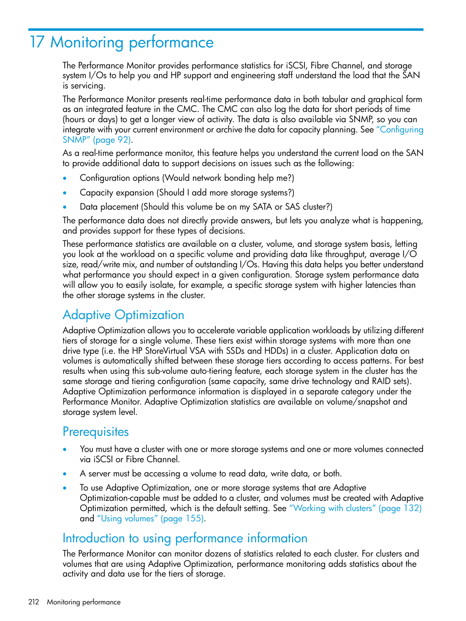 17 monitoring performance, Adaptive optimization, Prerequisites | Introduction to using performance information | HP LeftHand P4000 SAN Solutions User Manual | Page 212 / 290