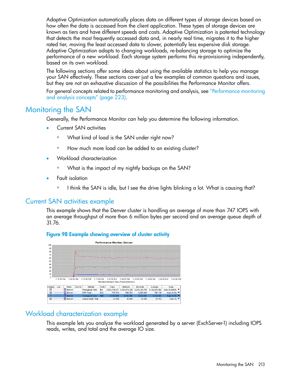 Monitoring the san, Current san activities example, Workload characterization example | HP LeftHand P4000 SAN Solutions User Manual | Page 213 / 290