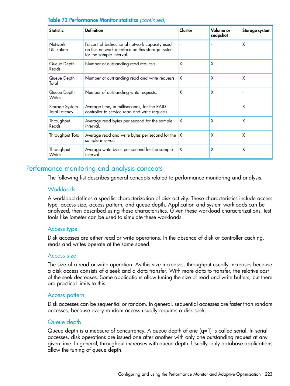 Performance monitoring and analysis concepts, Workloads, Access type | Access size, Access pattern, Queue depth | HP LeftHand P4000 SAN Solutions User Manual | Page 223 / 290