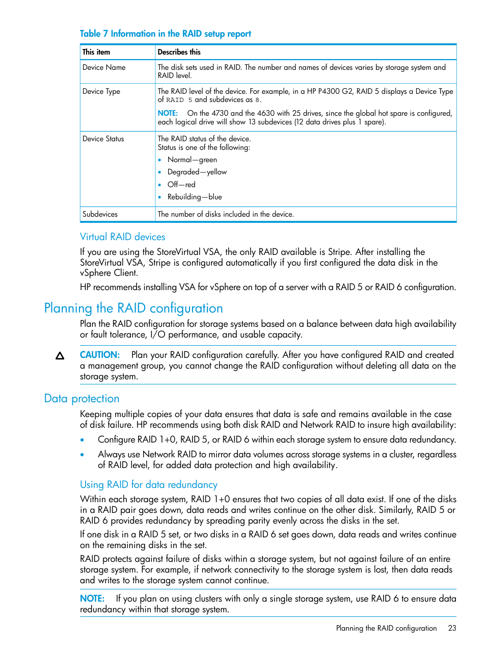 Planning the raid configuration, Data protection | HP LeftHand P4000 SAN Solutions User Manual | Page 23 / 290