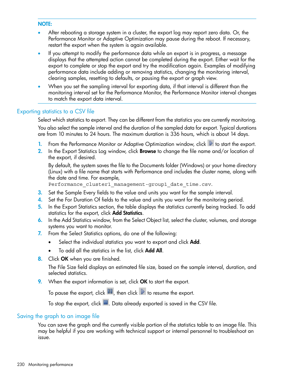 Exporting statistics to a csv file, Saving the graph to an image file | HP LeftHand P4000 SAN Solutions User Manual | Page 230 / 290