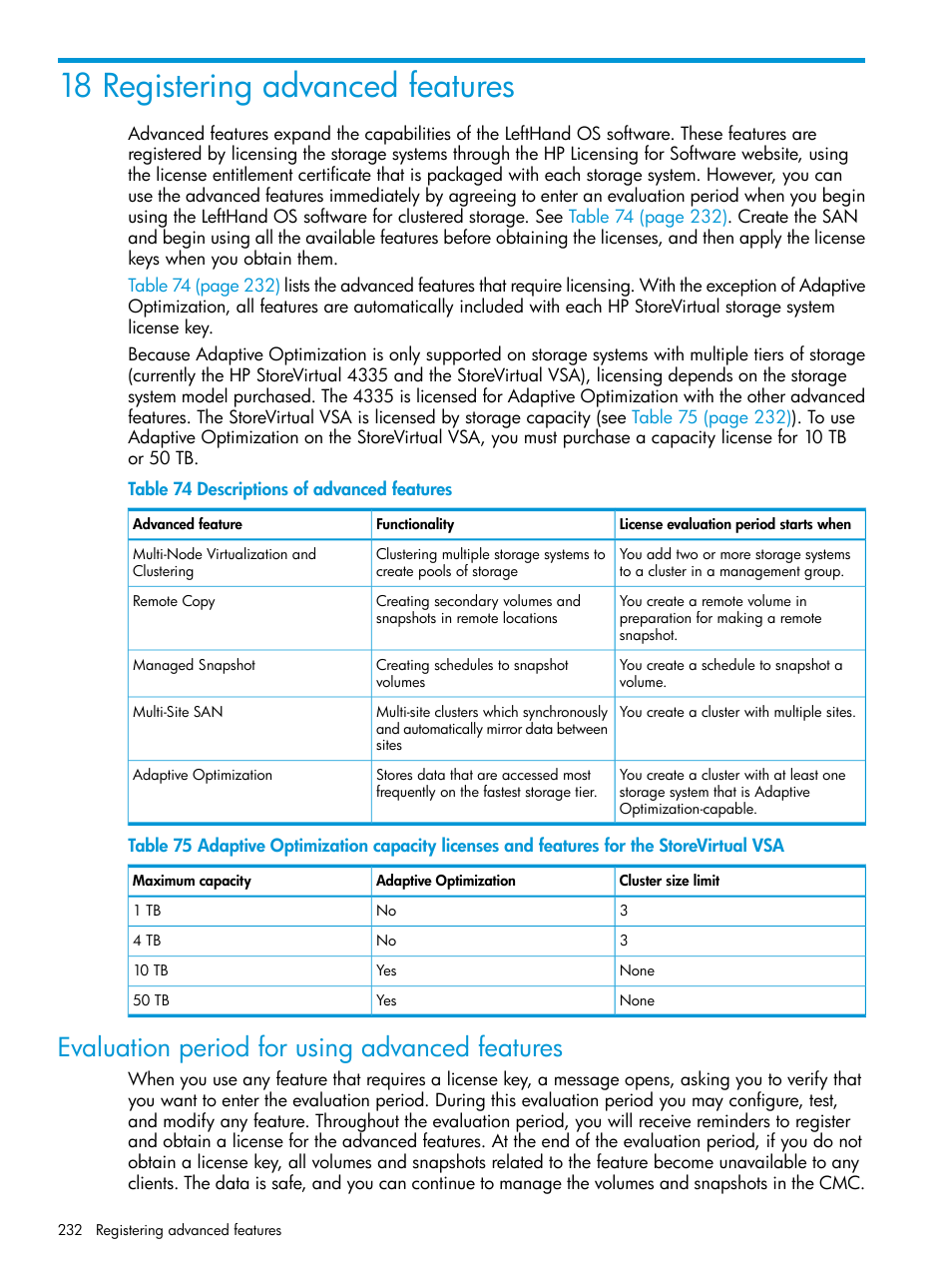 18 registering advanced features, Evaluation period for using advanced features, Registering advanced features | Registering advanced | HP LeftHand P4000 SAN Solutions User Manual | Page 232 / 290