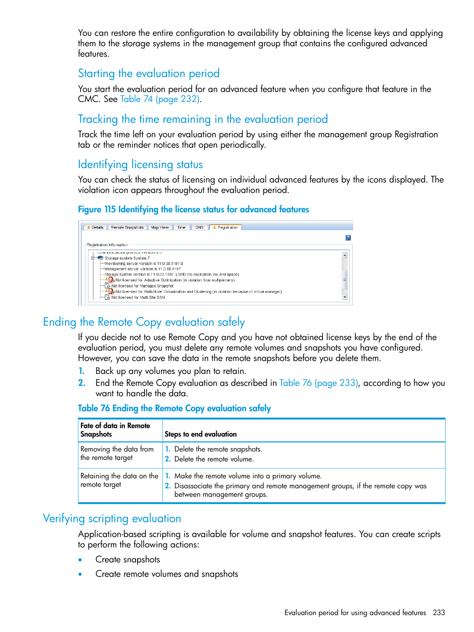 Ending the remote copy evaluation safely, Verifying scripting evaluation, Starting the evaluation period | Identifying licensing status | HP LeftHand P4000 SAN Solutions User Manual | Page 233 / 290