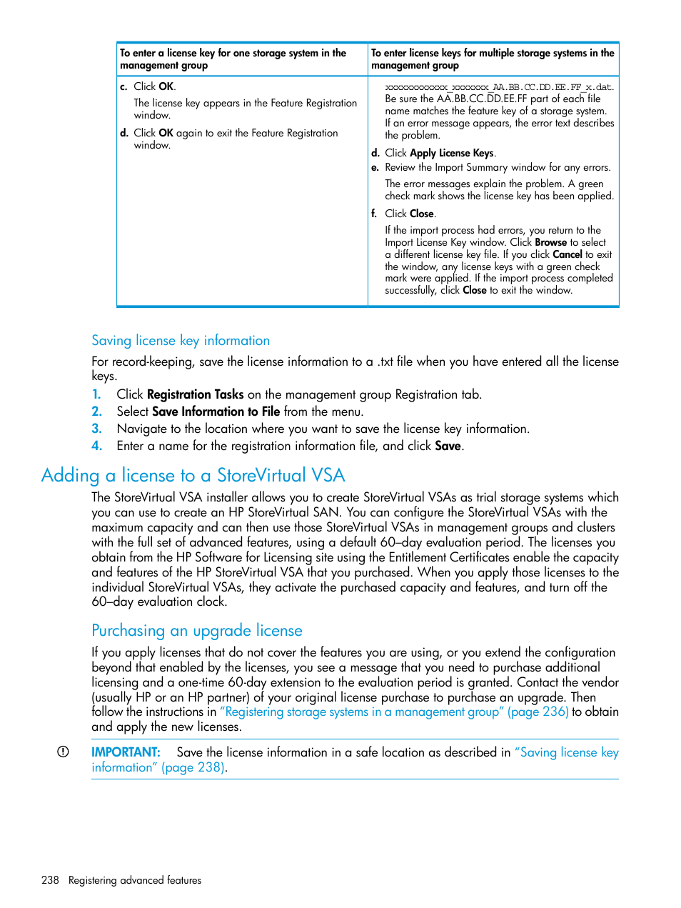 Adding a license to a storevirtual vsa, Purchasing an upgrade license | HP LeftHand P4000 SAN Solutions User Manual | Page 238 / 290