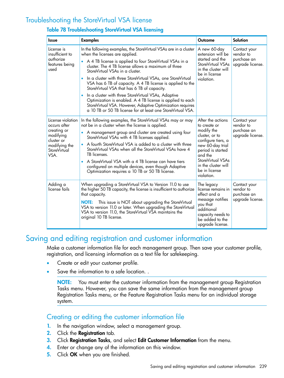 Troubleshooting the storevirtual vsa license, Creating or editing the customer information file | HP LeftHand P4000 SAN Solutions User Manual | Page 239 / 290