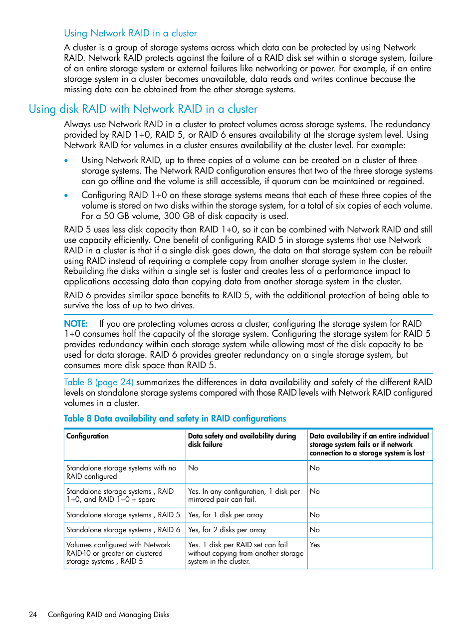 Using disk raid with network raid in a cluster | HP LeftHand P4000 SAN Solutions User Manual | Page 24 / 290