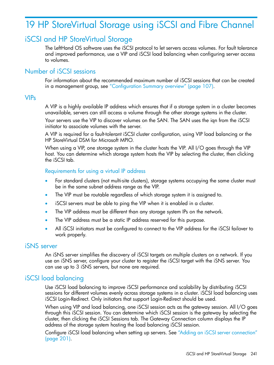Iscsi and hp storevirtual storage, Number of iscsi sessions, Vips | Isns server, Iscsi load balancing, Hp storevirtual storage using iscsi and fibre, Hp storevirtual storage | HP LeftHand P4000 SAN Solutions User Manual | Page 241 / 290