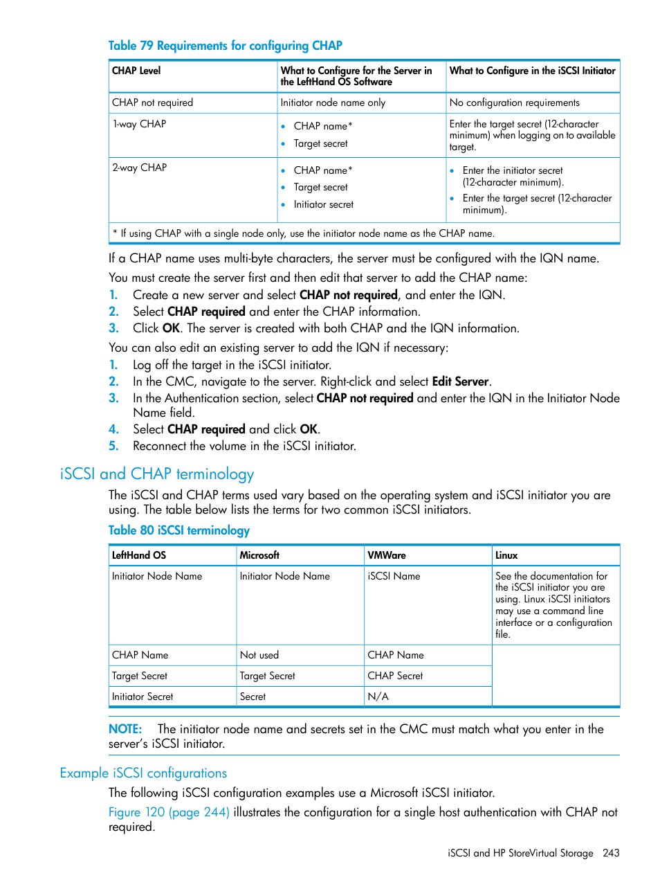 Iscsi and chap terminology, Example iscsi configurations, Iscsi and chap | HP LeftHand P4000 SAN Solutions User Manual | Page 243 / 290