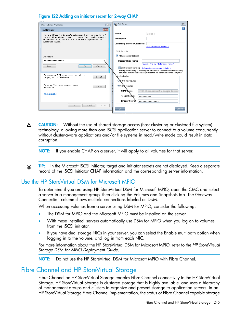 Use the hp storevirtual dsm for microsoft mpio, Fibre channel and hp storevirtual storage | HP LeftHand P4000 SAN Solutions User Manual | Page 245 / 290