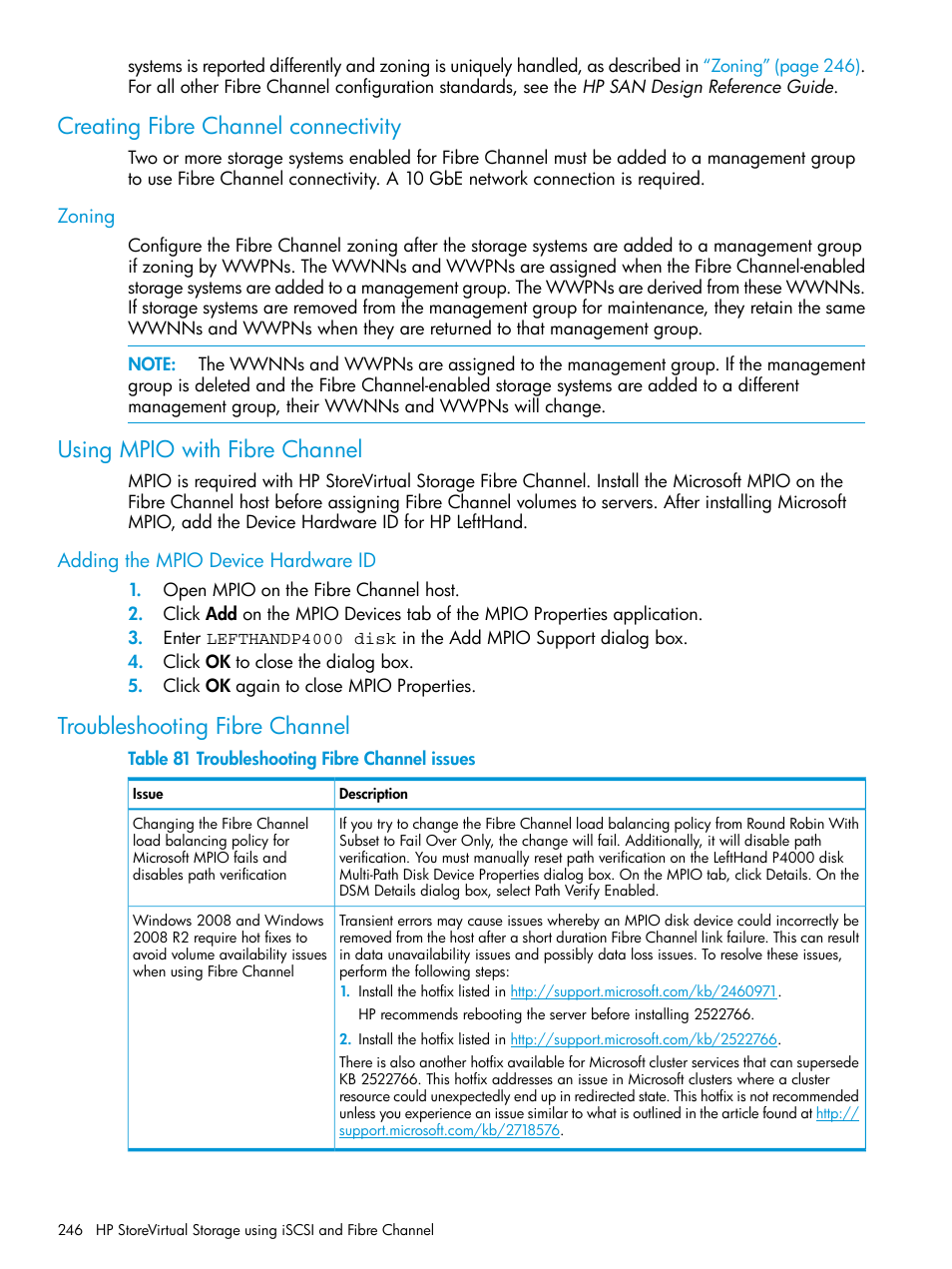 Creating fibre channel connectivity, Zoning, Using mpio with fibre channel | Adding the mpio device hardware id, Troubleshooting fibre channel | HP LeftHand P4000 SAN Solutions User Manual | Page 246 / 290