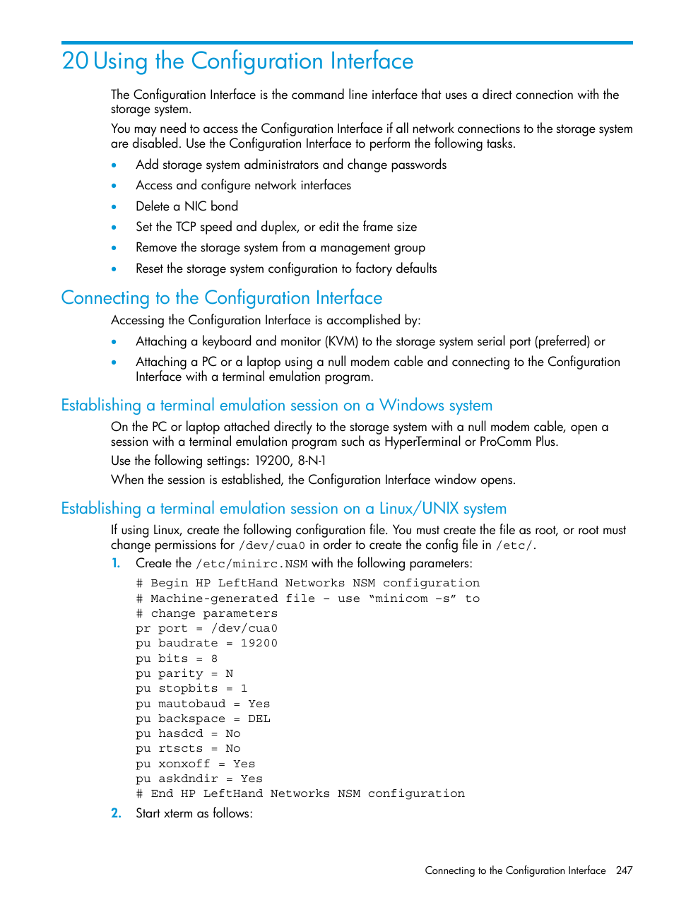 20 using the configuration interface, Connecting to the configuration interface | HP LeftHand P4000 SAN Solutions User Manual | Page 247 / 290