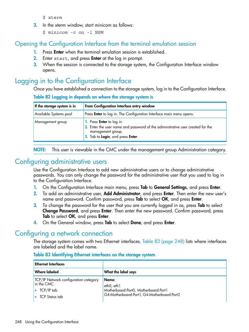 Logging in to the configuration interface, Configuring administrative users, Configuring a network connection | HP LeftHand P4000 SAN Solutions User Manual | Page 248 / 290