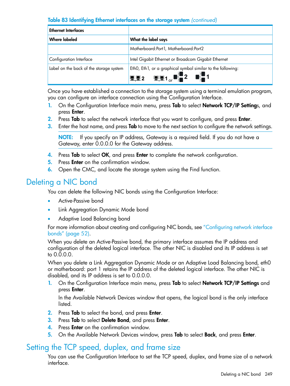 Deleting a nic bond, Setting the tcp speed, duplex, and frame size | HP LeftHand P4000 SAN Solutions User Manual | Page 249 / 290