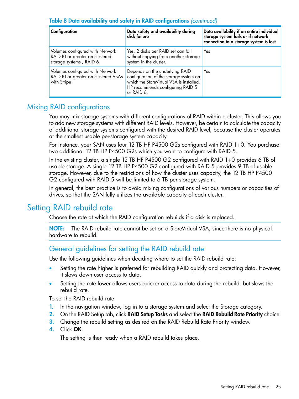 Mixing raid configurations, Setting raid rebuild rate | HP LeftHand P4000 SAN Solutions User Manual | Page 25 / 290