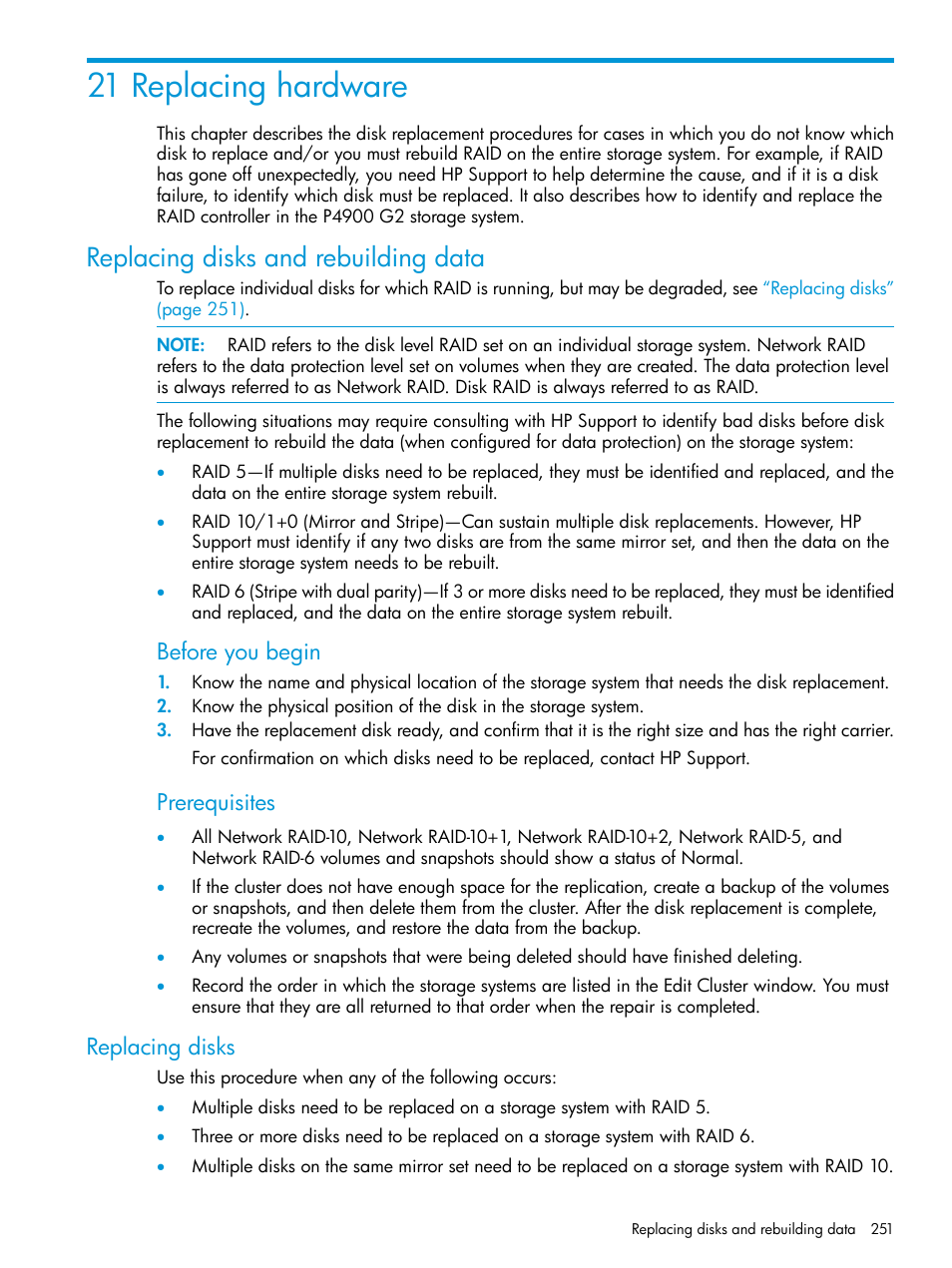 21 replacing hardware, Replacing disks and rebuilding data, Replacing disks | Before you begin, Prerequisites | HP LeftHand P4000 SAN Solutions User Manual | Page 251 / 290