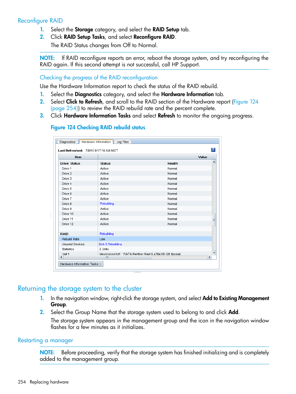 Reconfigure raid, Returning the storage system to the cluster, Restarting a manager | HP LeftHand P4000 SAN Solutions User Manual | Page 254 / 290