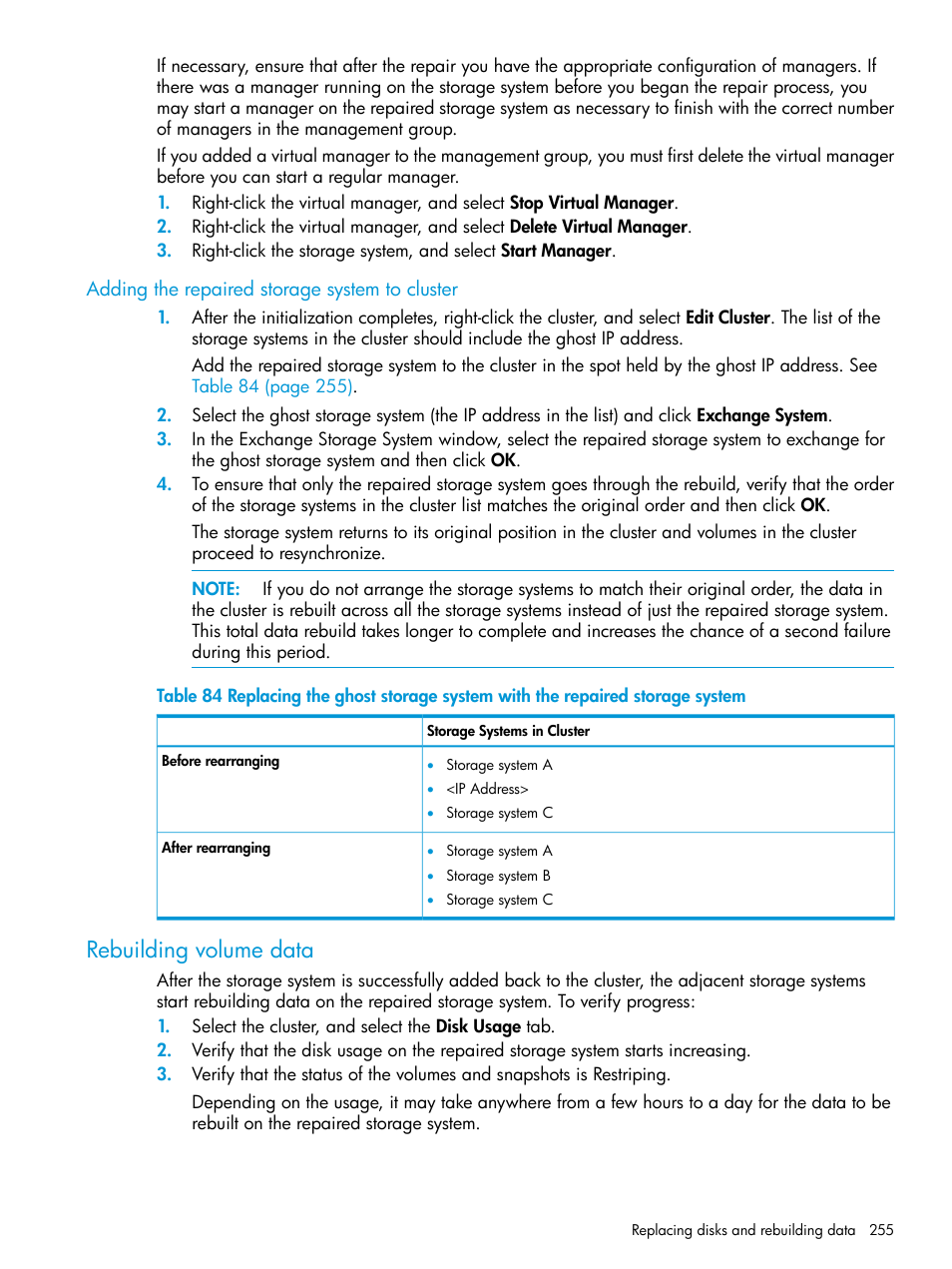 Adding the repaired storage system to cluster, Rebuilding volume data | HP LeftHand P4000 SAN Solutions User Manual | Page 255 / 290