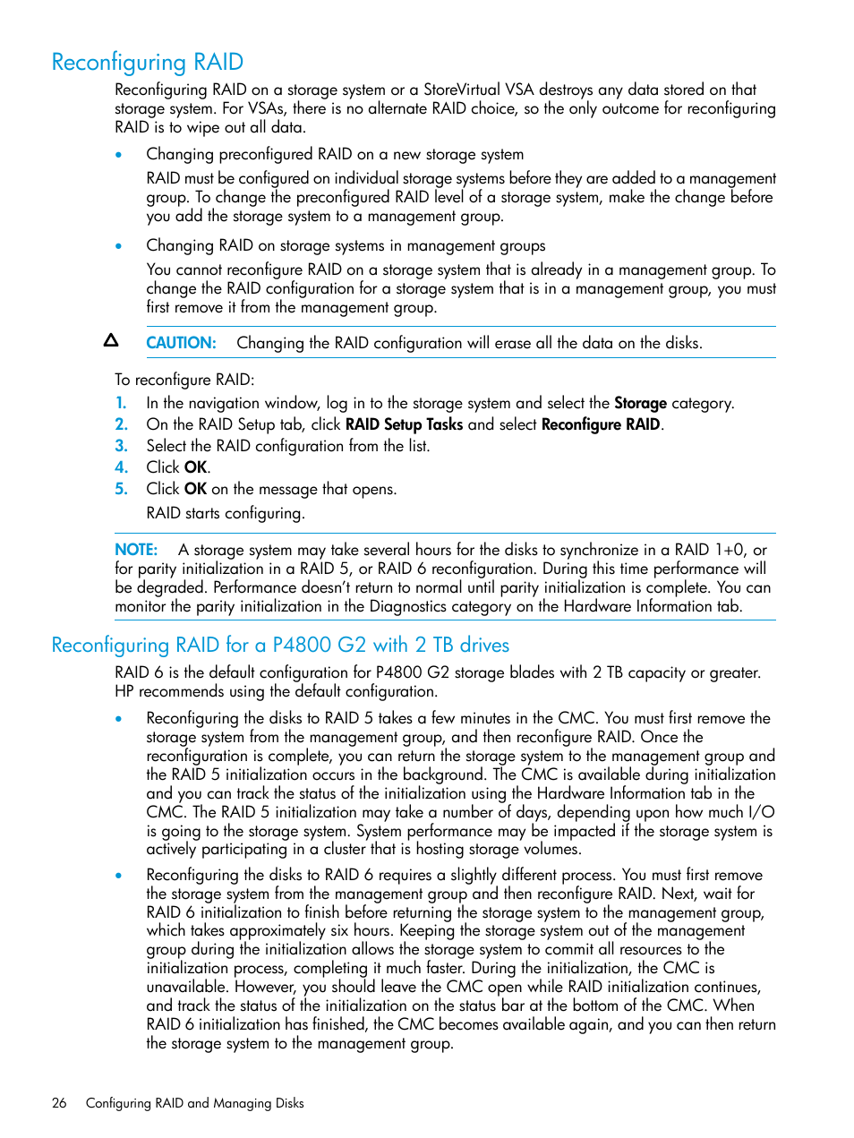 Reconfiguring raid, Reconfiguring raid for a p4800 g2 with 2 tb drives | HP LeftHand P4000 SAN Solutions User Manual | Page 26 / 290